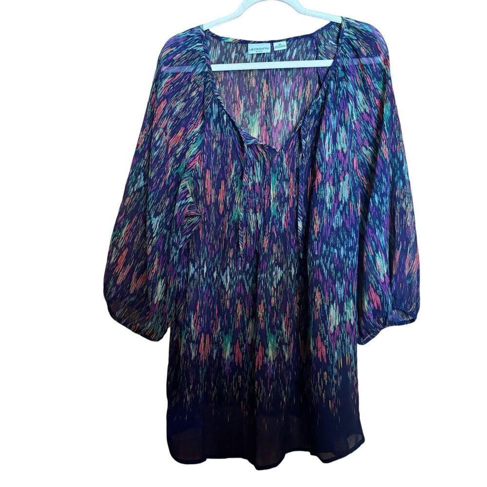 Liz Claiborne Top Womens 3X Multicolor Abstract Sheer Tasseled Popover Blouse